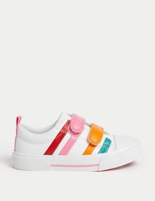 M&S Girl's Kid's Freshfeet Striped Riptape Trainers (4 Small - 2 Large) - 1 LSTD - White, White