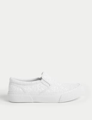 M&S Girls Glitter Slip-On Trainers (1 Large - 6 Large) - 3 L - White, White,Pink Mix