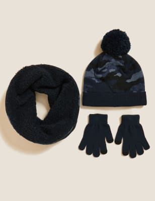 

M&S Collection Set aus Mütze, Schal und Handschuhen mit Camouflagemuster für Kinder (6-13 Jahre) - Navy Mix, Navy Mix
