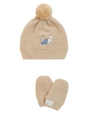 Unisex,Boys,Girls M&S Collection Kids' Peter Rabbit™ Hat and Mitten Set (0-12 Mths) - Natural