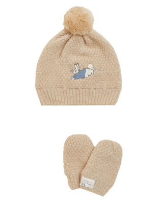 Unisex,Boys,Girls M&S Collection Kids' Peter Rabbit™ Hat and Mitten Set (0-12 Mths) - Natural