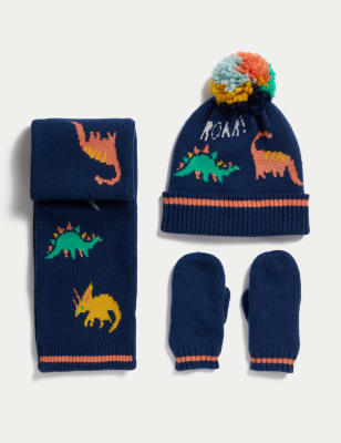 thumbnail image 2 of Adorable Dinosaur Winter Hat & Scarf Set For Kids - Fleece Lined Earflap Beanie With Pom Pom 2 of 10