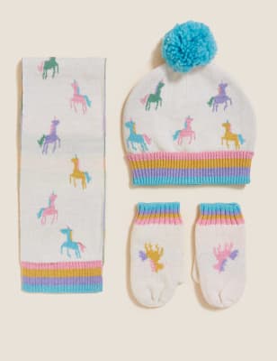 

M&S Collection Set aus Mütze, Schal und Fäustlingen mit Einhornmuster für Kinder (1-6 Jahre) - Cream, Cream