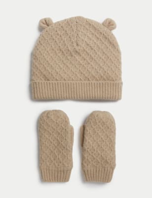 

Unisex,Boys,Girls M&S Collection Kids' Bear Ears Hat and Mitten Set (0-3 Yrs) - Light Brown, Light Brown