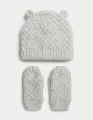 

Unisex,Boys,Girls M&S Collection Kids' Bear Ears Hat and Mitten Set (0-3 Yrs) - Light Grey, Light Grey