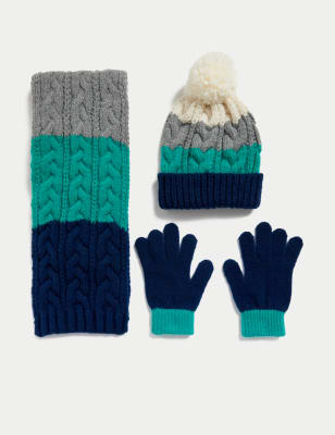 

M&S Collection Conjunto infantil de guantes, bufanda y gorro de bloques de color (6-13 años) - Navy, Navy