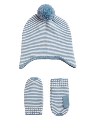 Boys M&S Collection Kids' Striped Hat and Mitten Set (0-13 Yrs) - Mid Blue