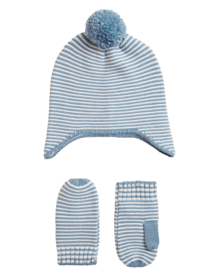 Boys M&S Collection Kids' Striped Hat and Mitten Set (0-13 Yrs) - Mid Blue