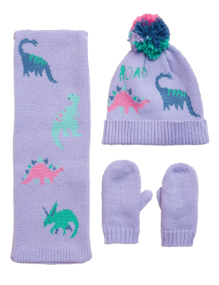 

M&S Collection Set aus Mütze, Schal und Fäustlingen mit Dinosauriermotiv für Kinder (1-6 J.) - Lilac, Lilac