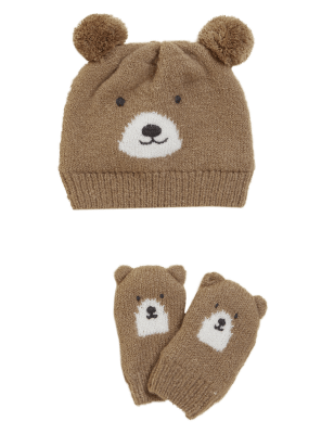 

M&S Collection Set mit Mütze und Fäustlingen mit Bärenmotiv (0-12 M.) - Medium Brown, Medium Brown