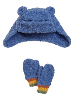 Boys M&S Collection Kids' Borg Hat and Mitten Set (12 Mths - 6 Yrs) - Blue