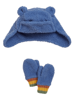 Boys M&S Collection Kids' Borg Hat and Mitten Set (12 Mths - 6 Yrs) - Blue