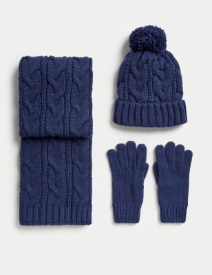 

M&S Collection Conjunto infantil de guantes, bufanda y gorro de punto trenzado (3-13 años) - Navy, Navy