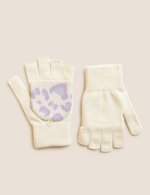 M&S Girls Leopard Print Flip Top Gloves (0-13 Yrs) - 6-10y - Cream, Cream