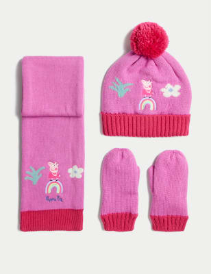 girls m&s collection kids' peppa pig™ hat, scarf and mitten set (1-6 yrs) - pink, pink