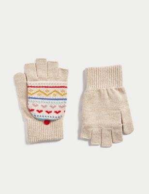 M&S Girls Fair Isle Flip Top Gloves (3-13 Yrs) - 6-10y - Oatmeal, Oatmeal