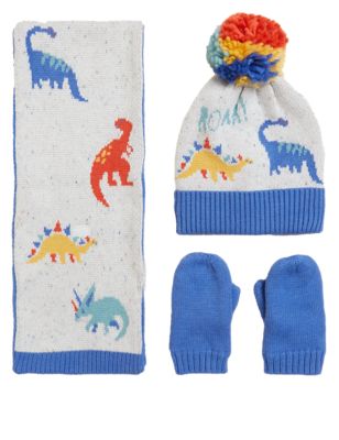 Boys M&S Collection Kids' Dinosaur Hat, Scarf and Mitten Set (1-6 Yrs) - Blue