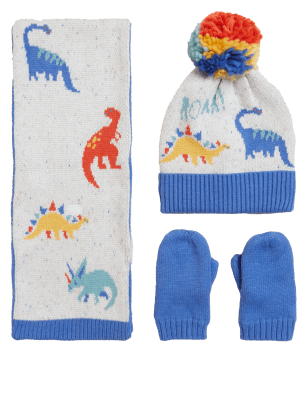 

M&S Collection Conjunto infantil de manoplas, bufanda y gorro de dinosaurios (1-6 años) - Blue, Blue