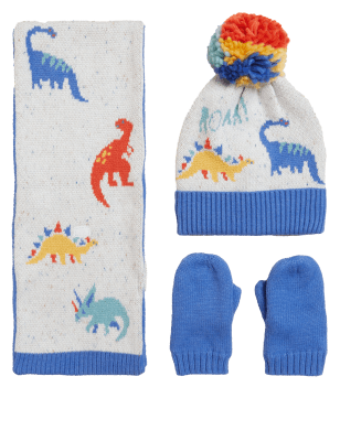 Boys M&S Collection Kids' Dinosaur Hat, Scarf and Mitten Set (1-6 Yrs) - Blue