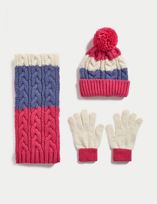 Kids' Colour Block Hat, Scarf and Glove Set (6-13 Yrs)