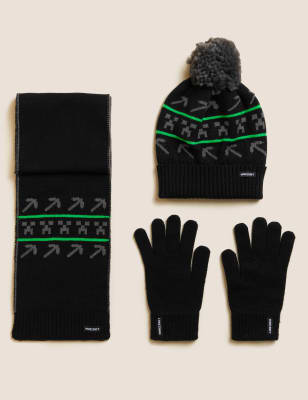 

M&S Collection Set aus Mütze, Schal und Handschuhen mit Minecraft™-Motiv für Kinder (0-13 J.) - Black, Black