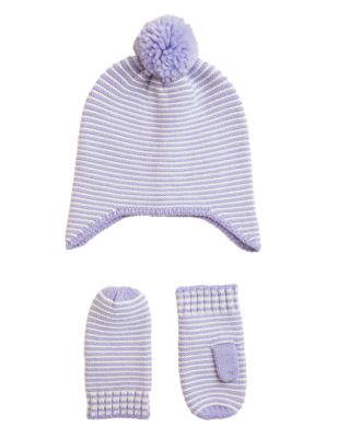 Girls M&S Collection Kids' Striped Hat and Mitten Set (0-6 Yrs) - Lilac