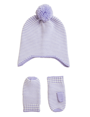 

M&S Collection Set aus Mütze und Fäustlingen mit Streifen für Kinder (0-6 J.) - Lilac, Lilac