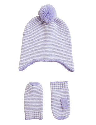 Girls M&S Collection Kids' Striped Hat and Mitten Set (0-6 Yrs) - Lilac