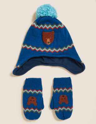 

M&S Collection Conjunto infantil de manoplas y gorro de animales (1-6 años) - Blue Mix, Blue Mix