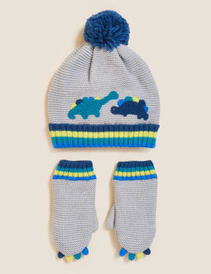 

M&S Collection Conjunto infantil de manoplas y gorro de dinosaurios (12 meses-6 años) - Grey, Grey