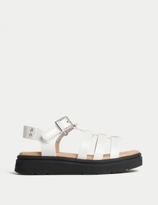 M&S Girl's Kid's Riptape Chunky Caged Sandals (4 Small - 2 Large) - 2 LSTD - White, White,Silver Mix