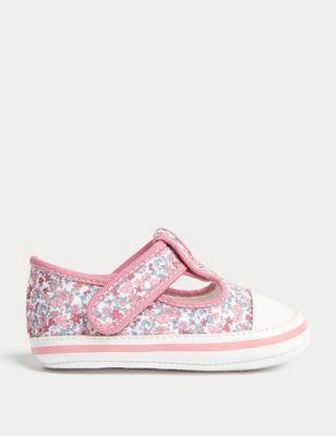 M&S Girl's Canvas Floral Riptape Pram Shoes (0-18 Mths) - 0-3 M - Pink Mix, Pink Mix