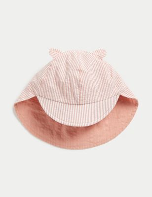 M&S Pure Cotton Reversible Sun Hat (0-1 Yrs) - 6-12M - Coral, Coral,Aqua