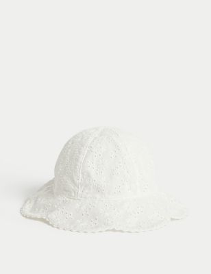 M&S Girls Pure Cotton Embroidered Sun Hat (1-6 Yrs) - 12-18 - White, White