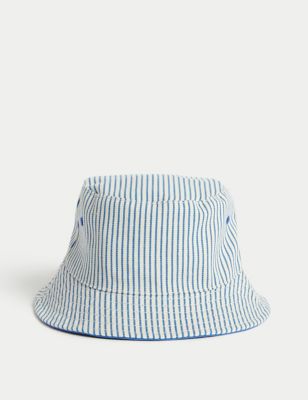 M&S Kids Pure Cotton Striped Sun Hat (1-6 Yrs) - 18-36 - Blue Mix, Blue Mix,Green