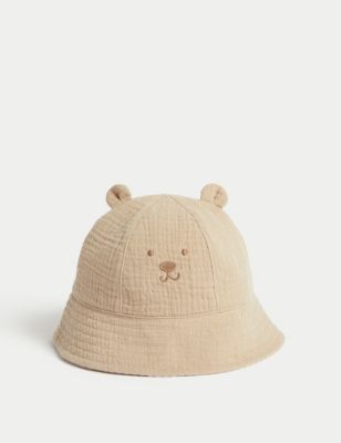 M&S Kids Pure Cotton Bear Sun Hat (0-18 Mths) - 6-12M - Stone, Stone,Blue