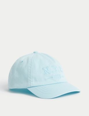 M&S Kids Pure Cotton Embroidered Baseball Cap (1-13 Yrs) - 12-18 - Light Turquoise, Light Turquoise