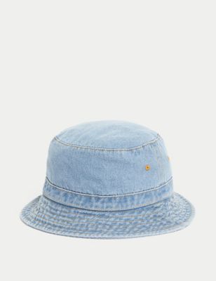 M&S Kids Cotton Plain Bucket Hat (1-13 Yrs) - 12-18 - Denim, Denim