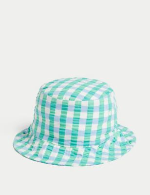 Marks & Spencer Kids' Pure Cotton Checked Sun Hat (1-6 Yrs) - Green Mix - 3-6y