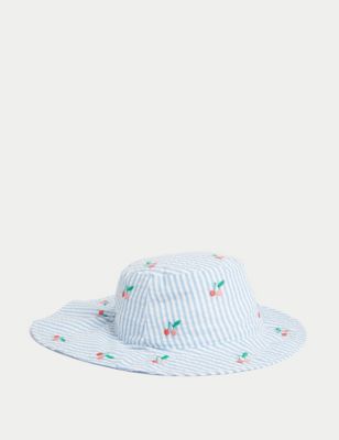M&S Girl's Kid's Pure Cotton Cherry Striped Sun Hat (1-6 Yrs) - 3-6y - Blue Mix, Blue Mix
