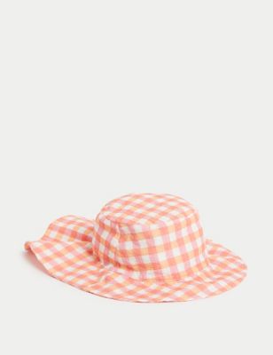 M&S Girl's Pure Cotton Gingham Print Sun Hat (1-6 Yrs) - 3-6y - Pink Mix, Pink Mix