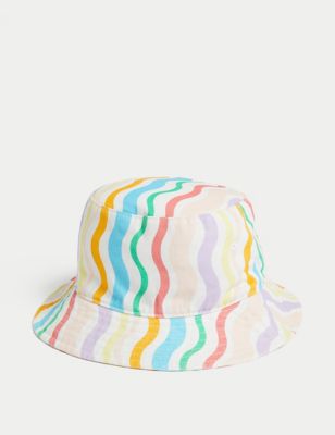 M&S Girls Pure Cotton Striped Sun Hat (1-13 Yrs) - 12-18 - Multi, Multi