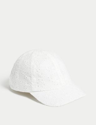 M&S Girls Pure Cotton Embroidered Baseball Cap (1-13 Yrs) - 12-18 - White, White,Light Pink