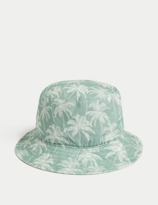 M&S Boys Pure Cotton Palm Tree Sun Hat (1-13 Yrs) - 12-18 - Green, Green