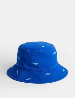M&S Boy's Pure Cotton Shark Embroidered Bucket Hat (1-13 Yrs) - 10-13 - Cobalt, Cobalt