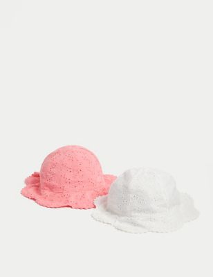 M&S Girl's Kid's 2pk Pure Cotton Sun Hats (0-18 Mths) - 6-12M - White Mix, White Mix