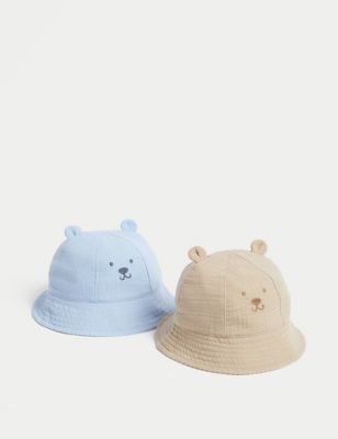 M&S 2pk Pure Cotton Bear Sun Hats (0-18 Mths) - 6-12M - Blue Mix, Blue Mix
