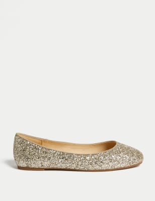 M&S Girl's Kid's Glitter Ballet Pumps (3 Large - 6 Large) - 4 L - Gold, Gold,White Mix