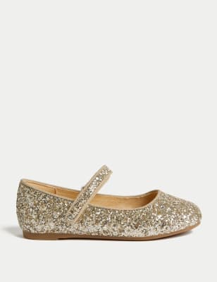 M&S Girl's Kid's Glitter Mary Jane Shoes (4 Small - 2 Large) - 4SSTD - Gold, Gold,Blue Mix