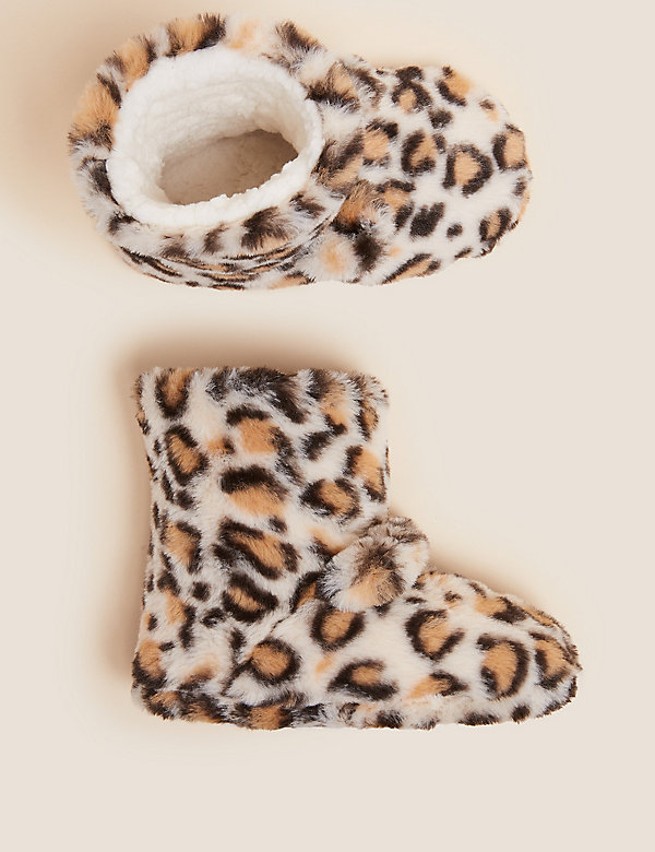 Kids' Faux Fur Leopard Slipper Boots (5 Small - 6 Large) - QA